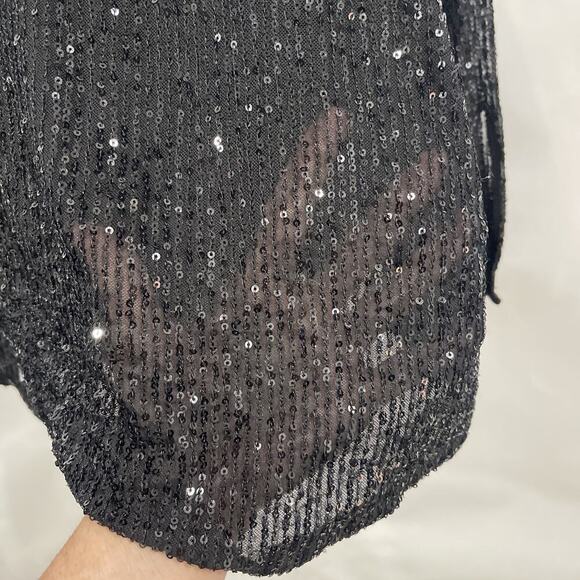 Vila Women Plus 2XL Black Sequin Blouse Button Up Collar Long Sleeve Party Shirt - Picture 6 of 10